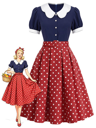 Marineblaues 50er Kleid mit Polka-Dots