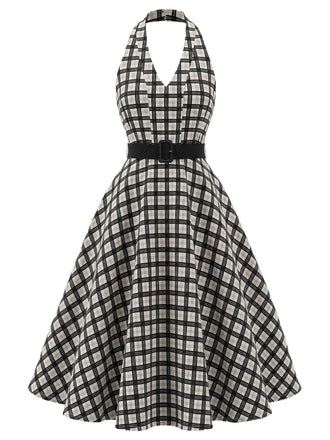 Schwarzes 50er Swingkleid mit Neckholder und Karo