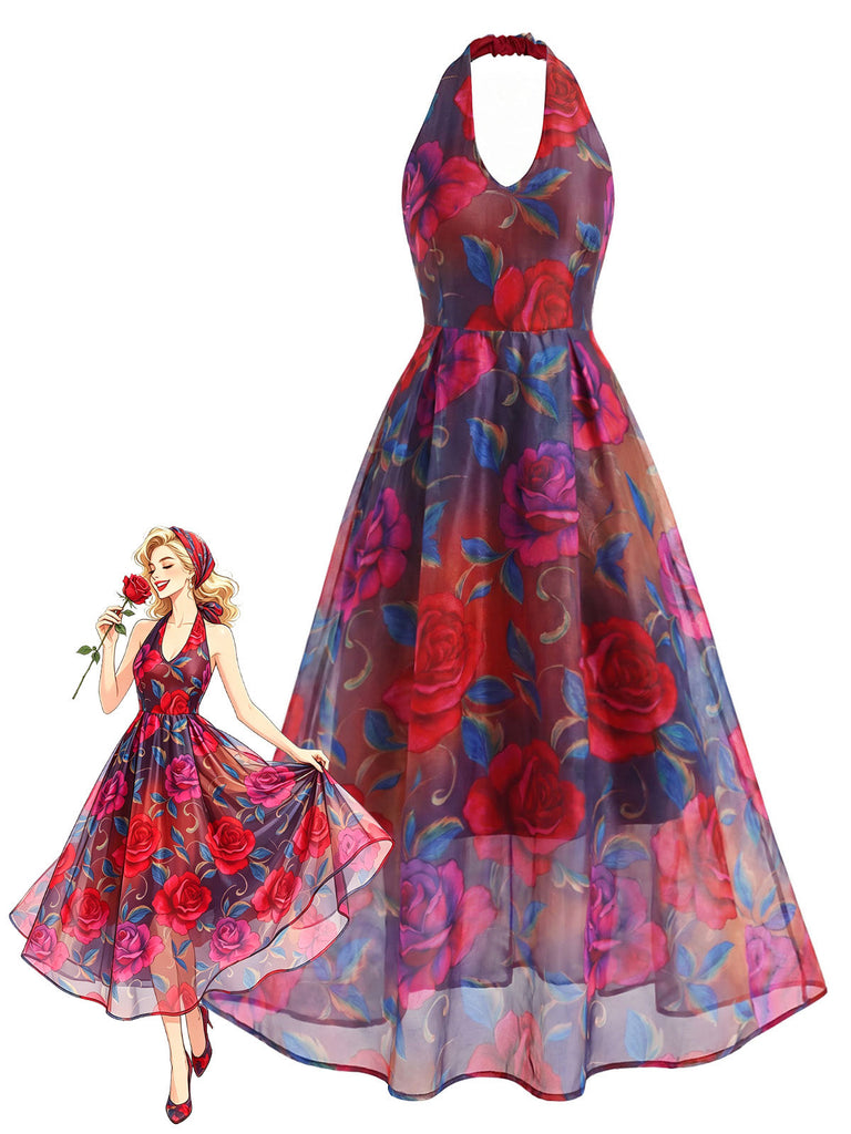 Mehrfarbiges 30er Netzkleid mit V-Ausschnitt und Neckholder