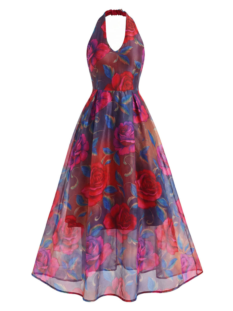 Mehrfarbiges 30er Netzkleid mit V-Ausschnitt und Neckholder