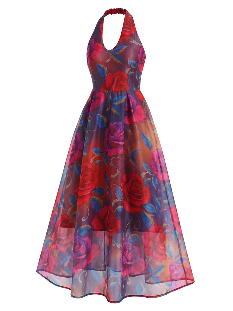 Mehrfarbiges 30er Netzkleid mit V-Ausschnitt und Neckholder