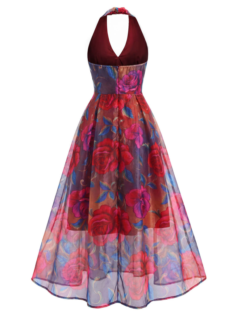 Mehrfarbiges 30er Netzkleid mit V-Ausschnitt und Neckholder
