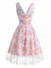 Mehrfarbiges 50er Kleid mit Blumen und Schleife