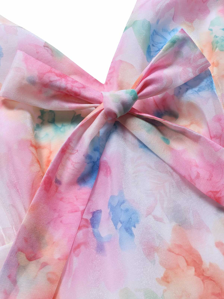 Mehrfarbiges 50er Kleid mit Blumen und Schleife