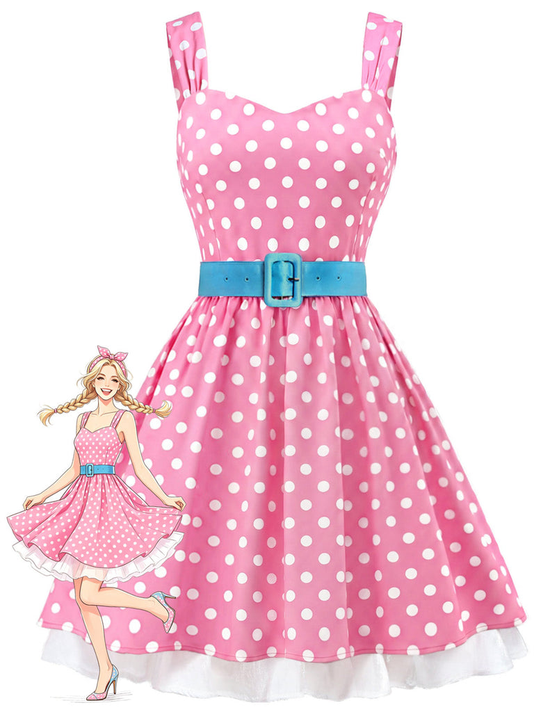 Rosa 50er Kleid mit Polka-Dots und Gürtel