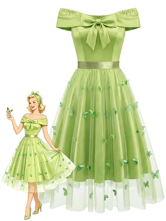 50er schulterfreies Kleid mit Schleife und Schmetterling