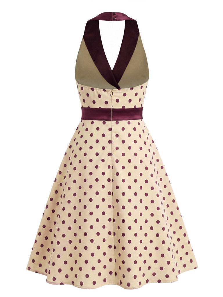 Apricotes 50er Satin-Kleid mit Schal-Kragen und Polka-Dots