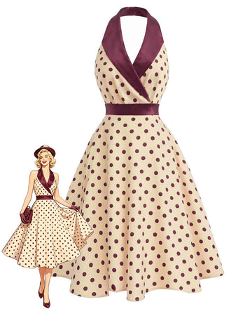 [Vorverkauf] Apricot 50er Neckholderkleid mit Polka-Dots und Schalkragen