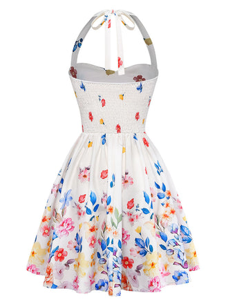 Weißes 50er Minikleid mit Neckholder und Blumen
