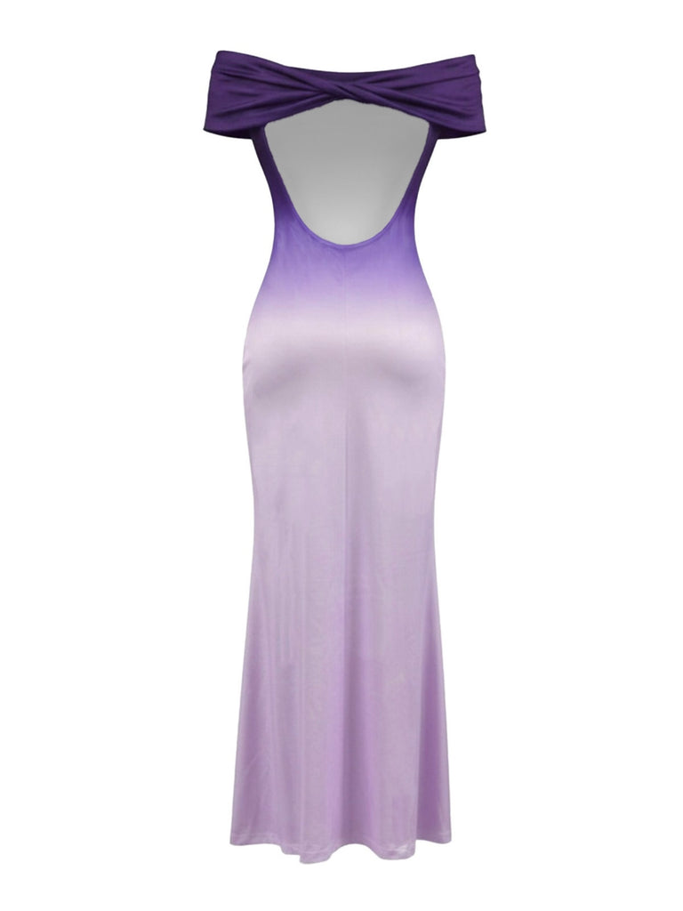 Lila 30er schulterfreies Maxikleid mit Ombre-Effekt und offenem Rücken