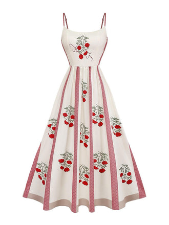 Beiges 50er Swingkleid mit Rosen und Spaghettiträgern