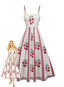 Beiges 50er Swingkleid mit Rosen und Spaghettiträgern