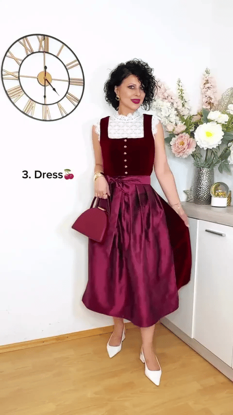 Weinrotes 50er Oktoberfest-Dirndl-Set mit Samtkleid und Spitzentop