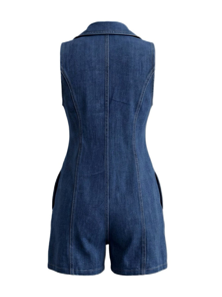 Marineblauer 70er Jeans-Romper mit Knopf