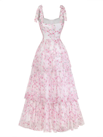 Rosa 70er Blumen-Maxikleid mit Bindeträgern und Stufenrock