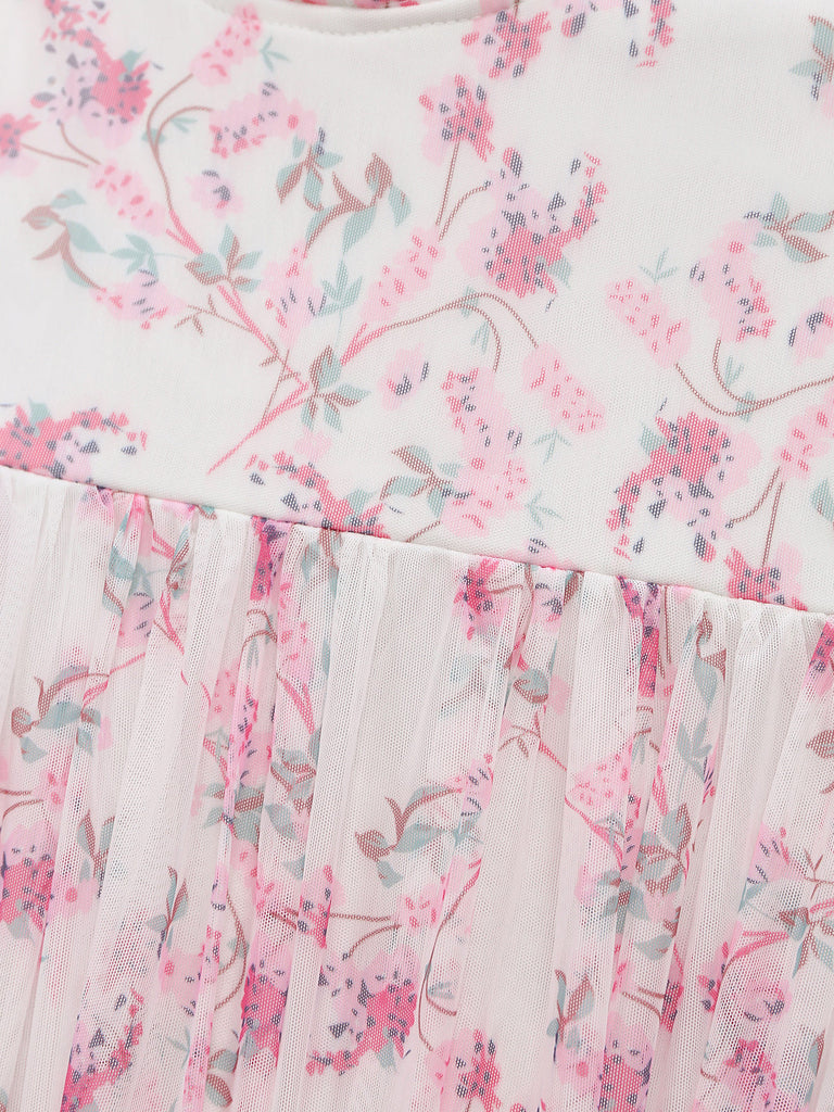 Rosa 70er Blumen-Maxikleid mit Bindeträgern und Stufenrock