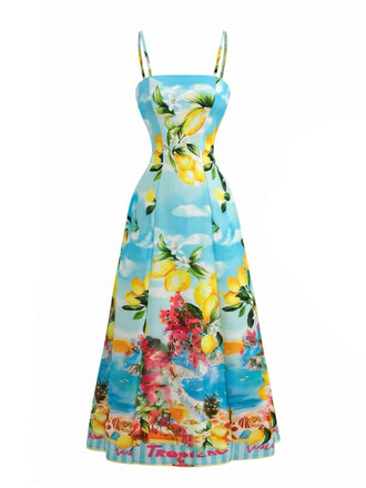Hellblaues 50er Maxikleid mit Spaghettiträger und Blumen