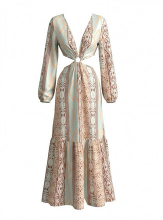 70er Boho Maxikleid mit V-Ausschnitt und Cut-out