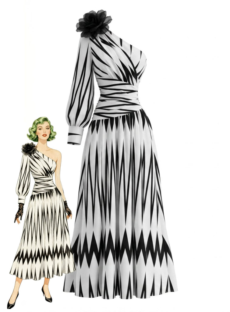 70er Maxikleid mit One-Shoulder und Blumen