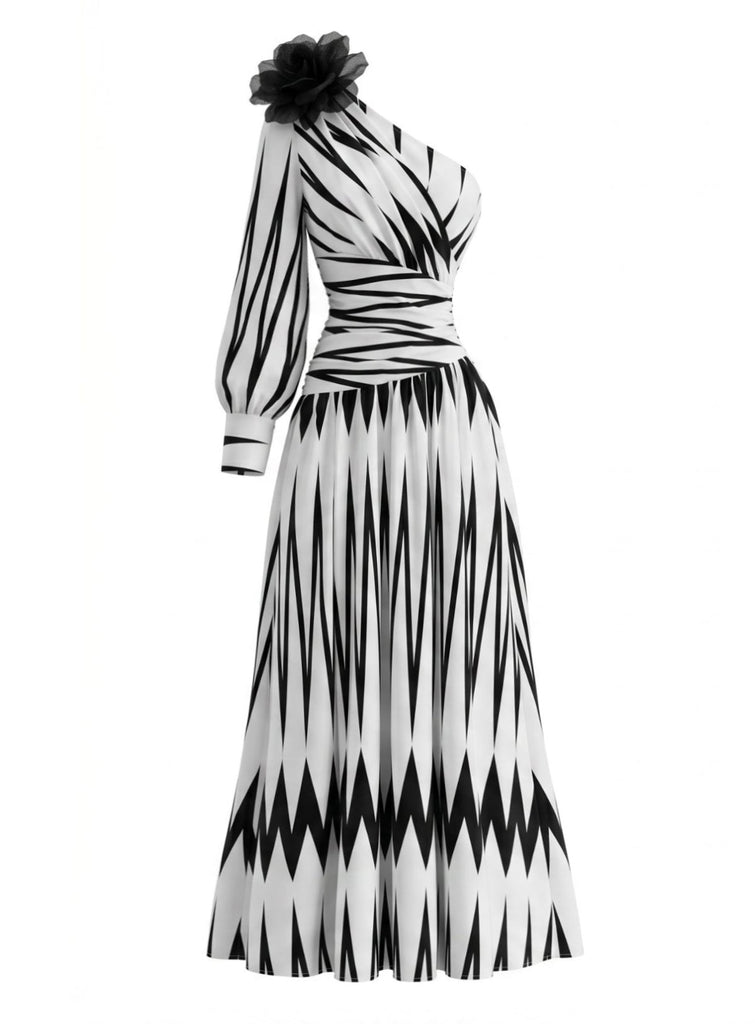 70er Maxikleid mit One-Shoulder und Blumen