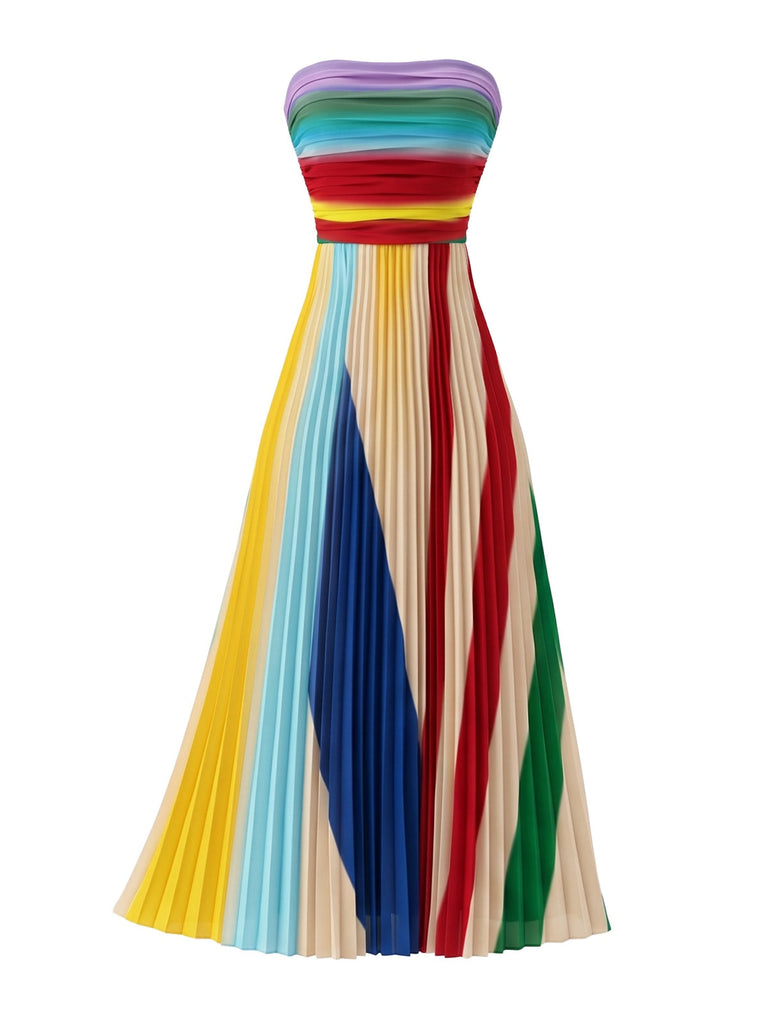 Regenbogen 70er Trägerloses Maxikleid mit Plissee