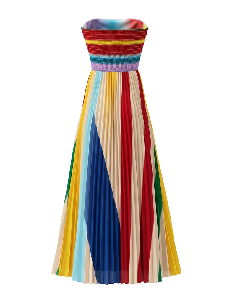 Regenbogen 70er Trägerloses Maxikleid mit Plissee