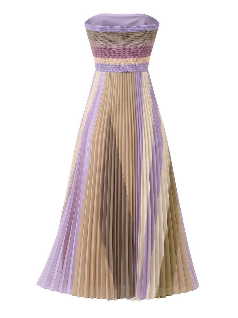Lavendelfarbenes 70er trägerloses Plisséemaxikleid