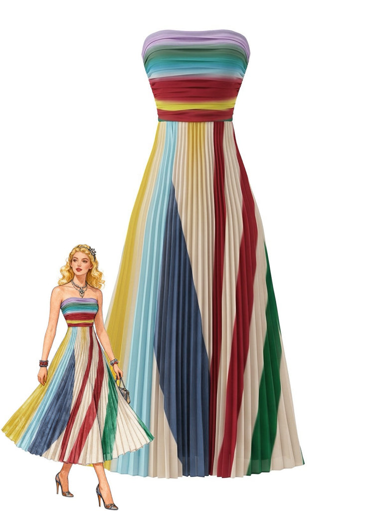 Regenbogenfarbenes 70er trägerloses Plissee-Maxikleid