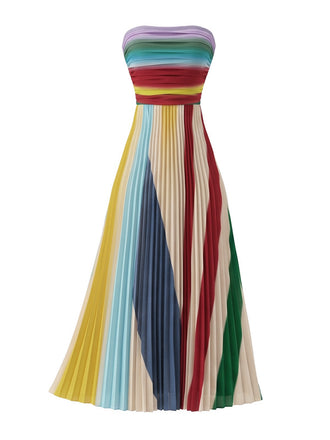 Regenbogenfarbenes 70er trägerloses Plissee-Maxikleid