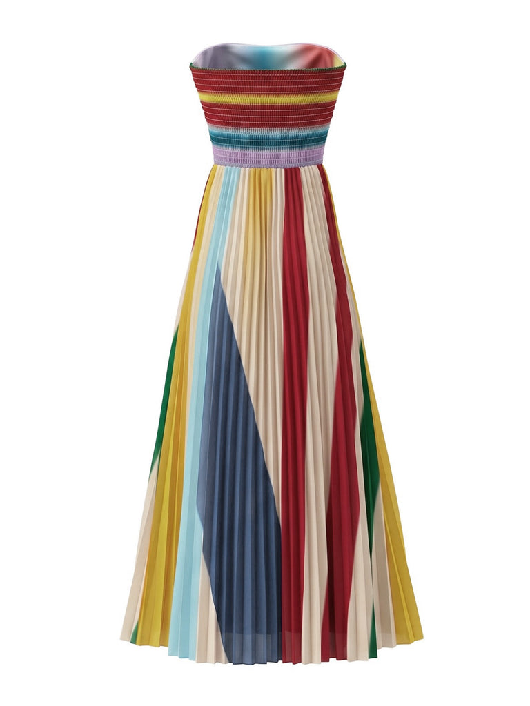 Regenbogenfarbenes 70er trägerloses Plissee-Maxikleid