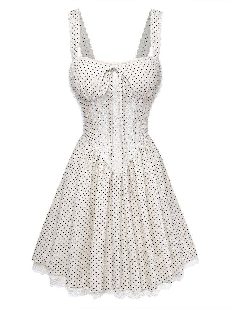 Beige 70er Kleid mit Spaghettiträger und Polka-Dots