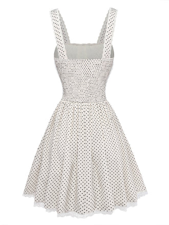 Beige 70er Kleid mit Spaghettiträger und Polka-Dots