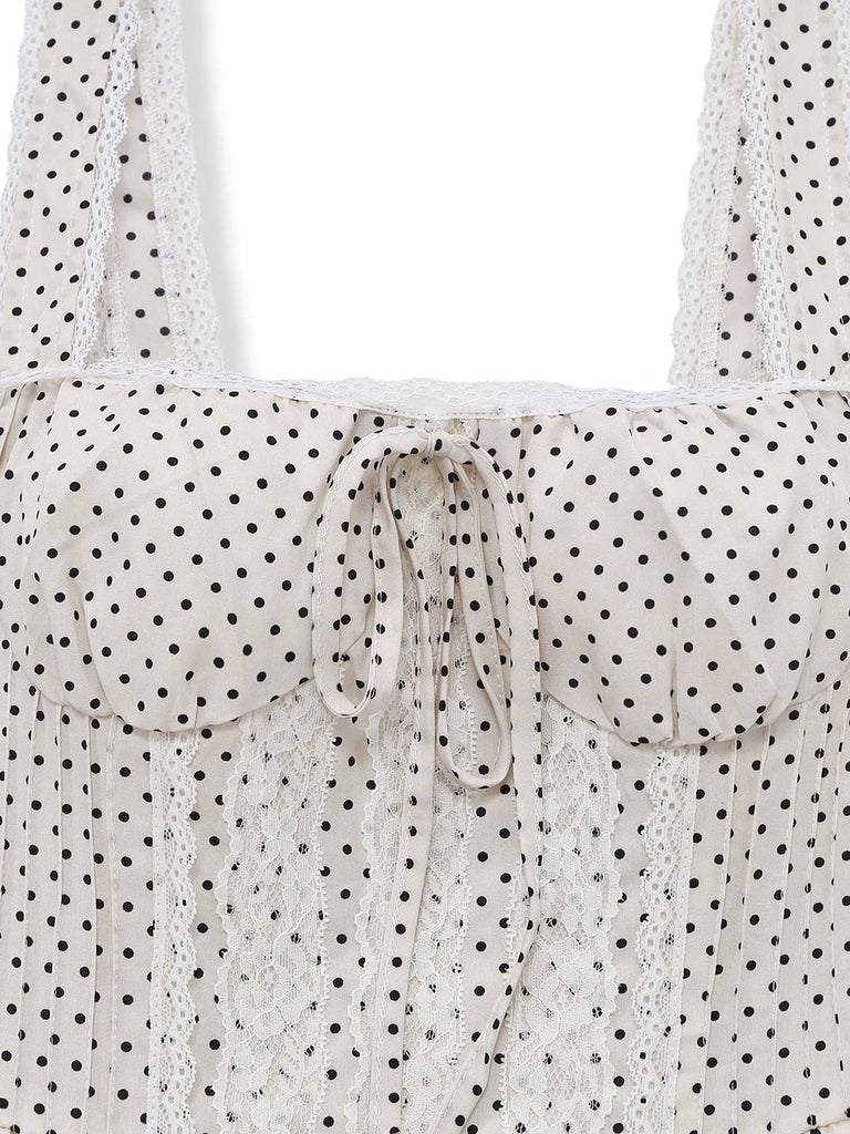 Beige 70er Kleid mit Spaghettiträger und Polka-Dots