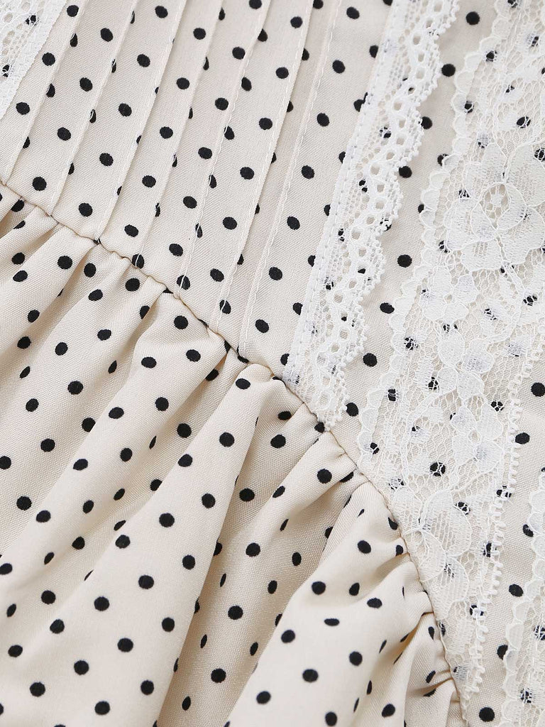 Beige 70er Kleid mit Spaghettiträger und Polka-Dots