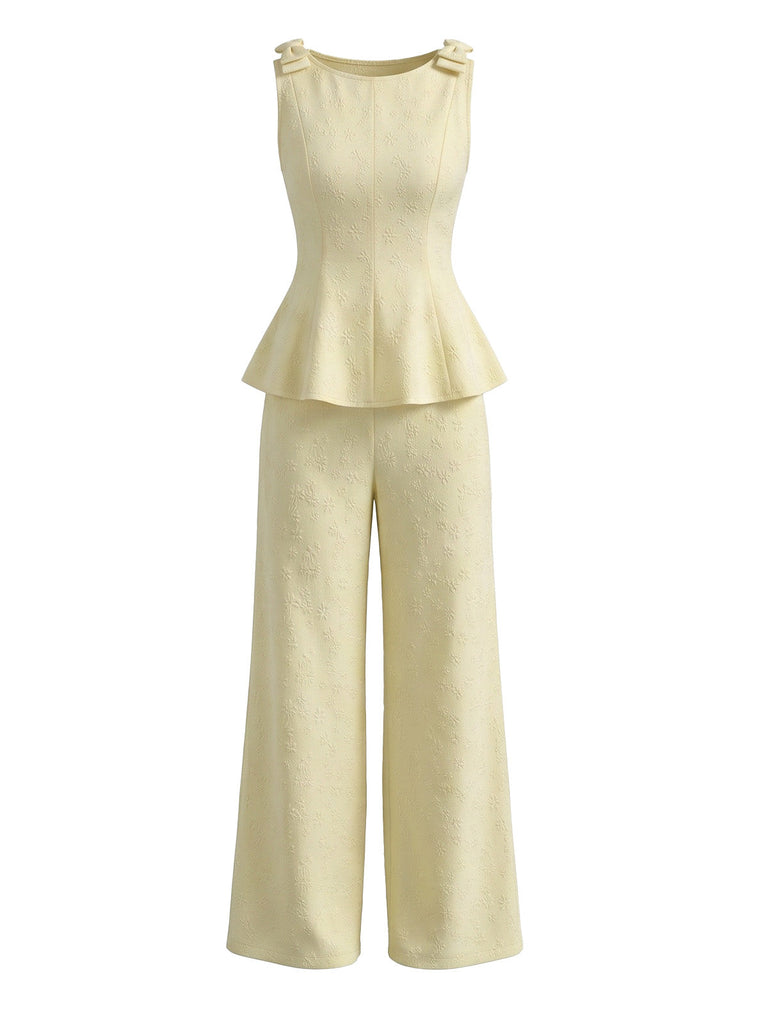 Light Yellow 1950s Ruffle Bow Two Piece Set 2