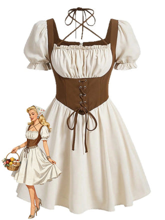 Beige 1950s Square Neck Vintage Dress