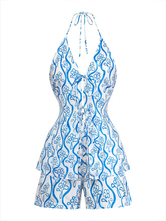 Blaues 50er 2PCS Top & kurze Hose mit abstraktem Print