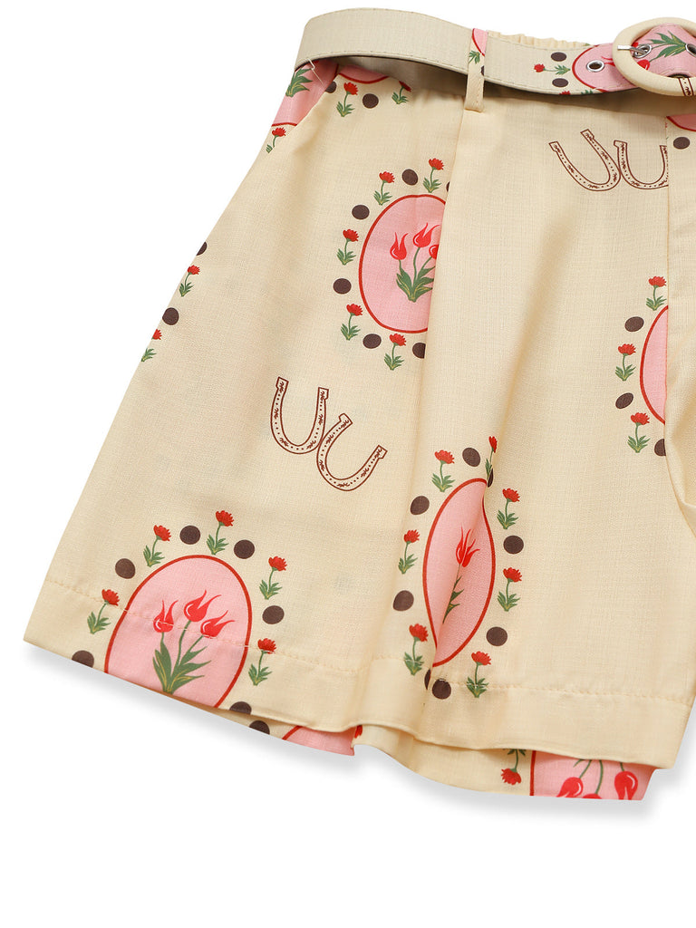 Elfenbeine 50er Shorts mit Puffärmel und Blumen