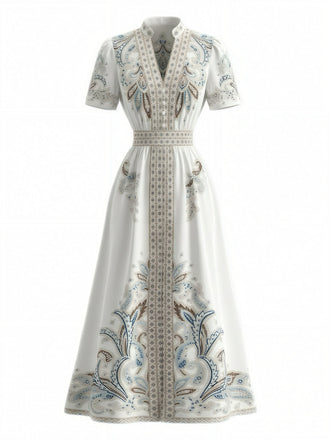 Weißes 50er Tropen Vintage Kleid mit Blumen und Hohe Taille