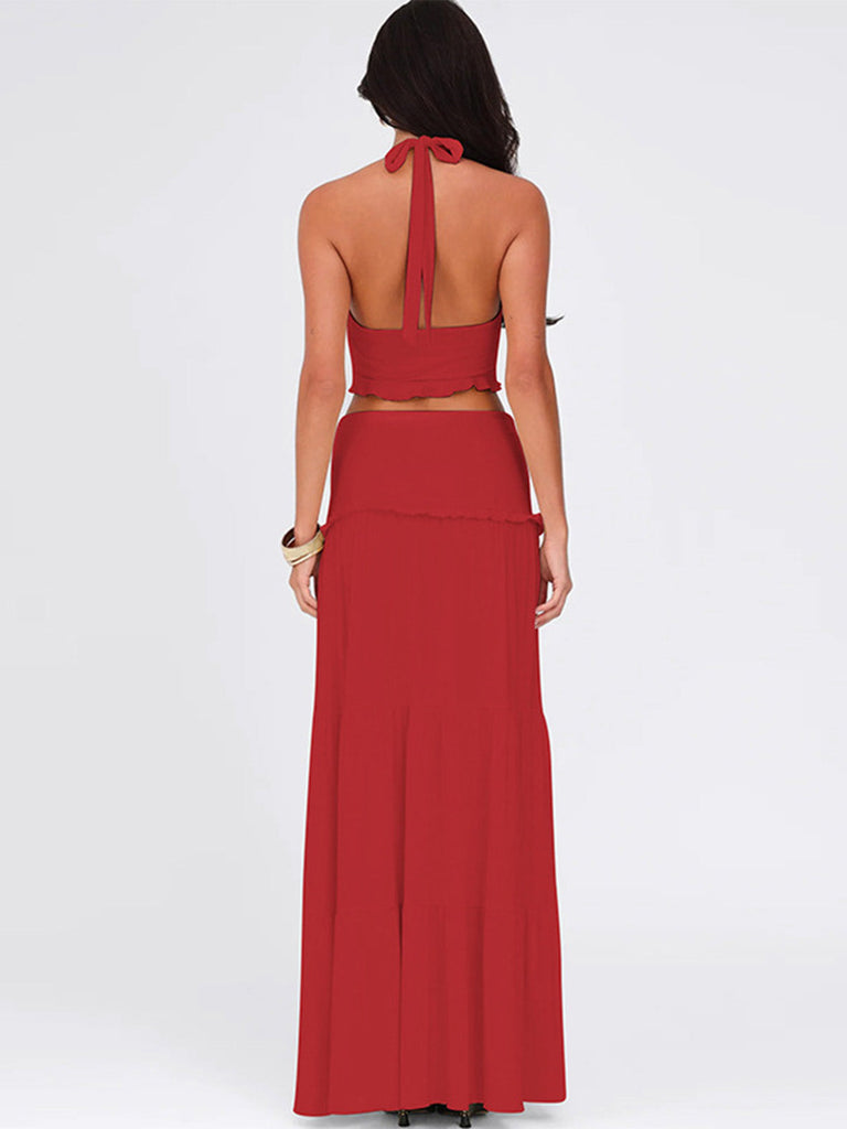 70er Crop-Top & Maxirock Set mit Twist-Front
