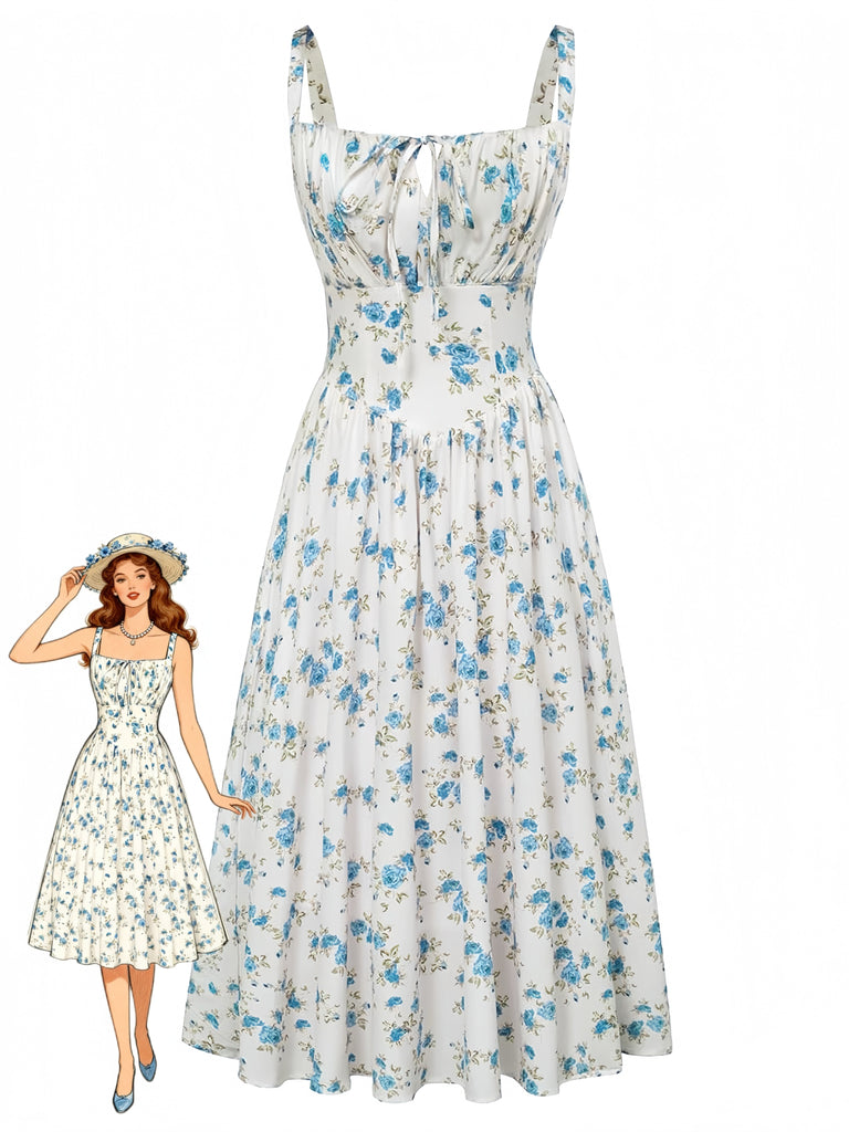 Blaues 40er Kleid mit Ditsy-Blumen und Bindefront