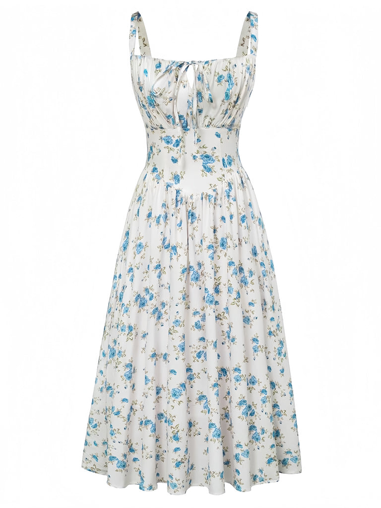 Blaues 40er Kleid mit Ditsy-Blumen und Bindefront