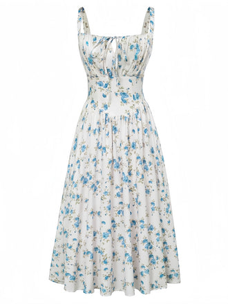 Blaues 40er Kleid mit Ditsy-Blumen und Bindefront