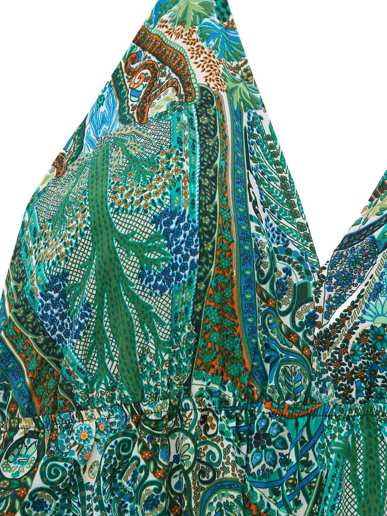 Grünes 70er Boho Maxikleid mit Tiefer V-Ausschnitt und Neckholder