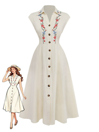 Beiges 40er Kleid mit Blumenstickerei und Kappärmel