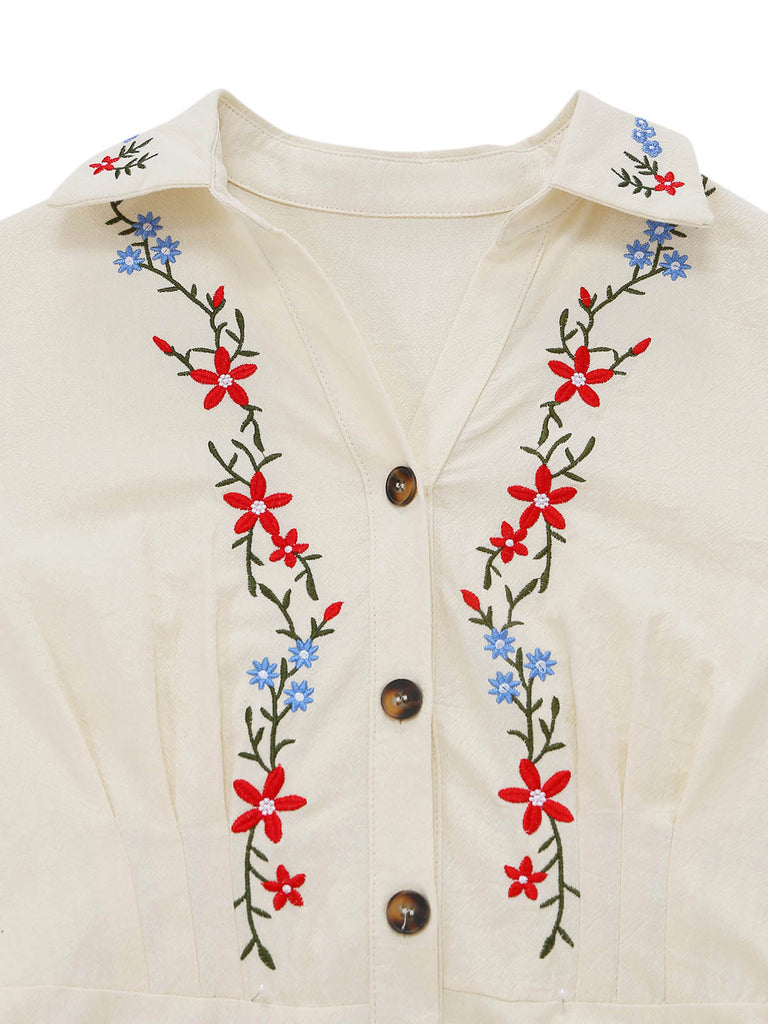 Beige 40er Kleid mit Kappärmel und Blumen