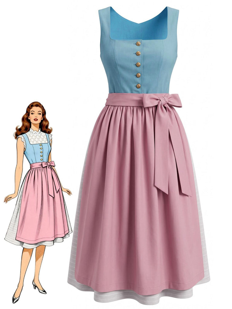 Blaues 50er Oktoberfest-Dirndl-Set mit rosa Schürze und Spitzentop