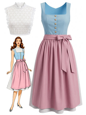 Rosa & Blaues 50er Top mit Eckiger Ausschnitt