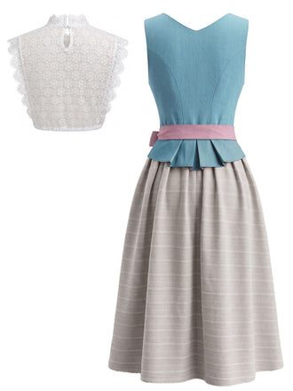 Blaues 50er Oktoberfest-Dirndl-Set mit rosa Schürze und Spitzentop