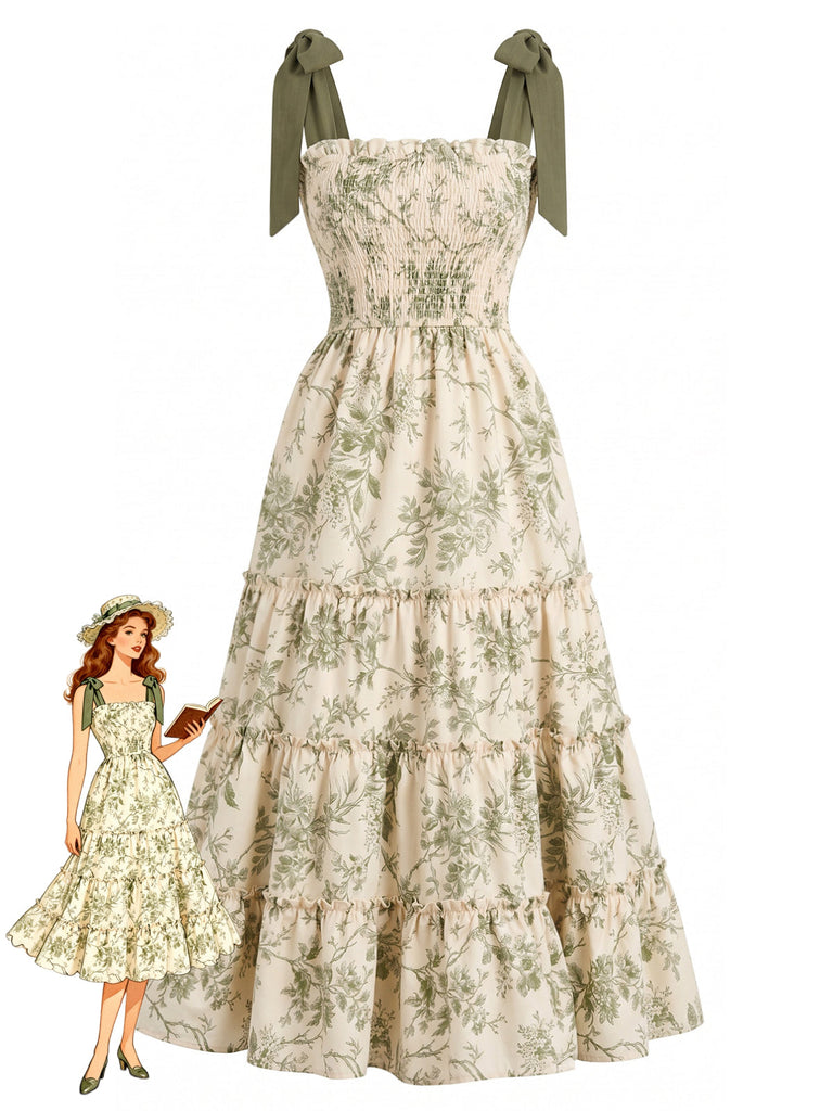 Grünes 40er Kleid mit Blumen und Schulterbindung